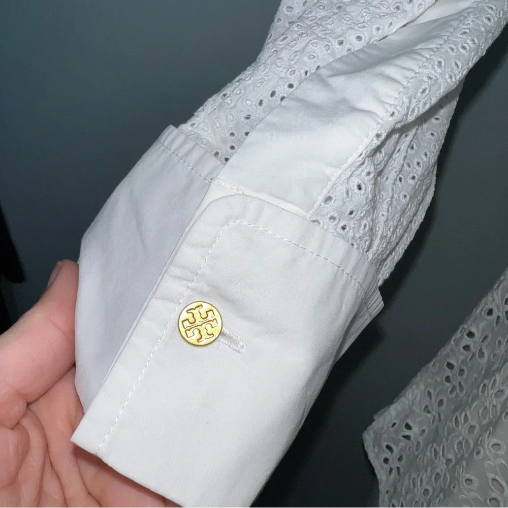 Tory Burch White Eyelet Button Down Blouse Peplum Shirt Size 4 Cotton Lace